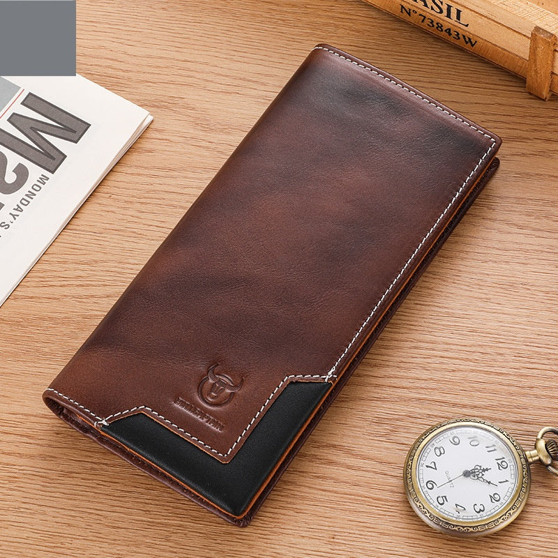 Captain Niu Oil-Waxed Leather Retro First-Layer Cowhide Bifold Large-Capacity Mens Wallet Flame Coffee