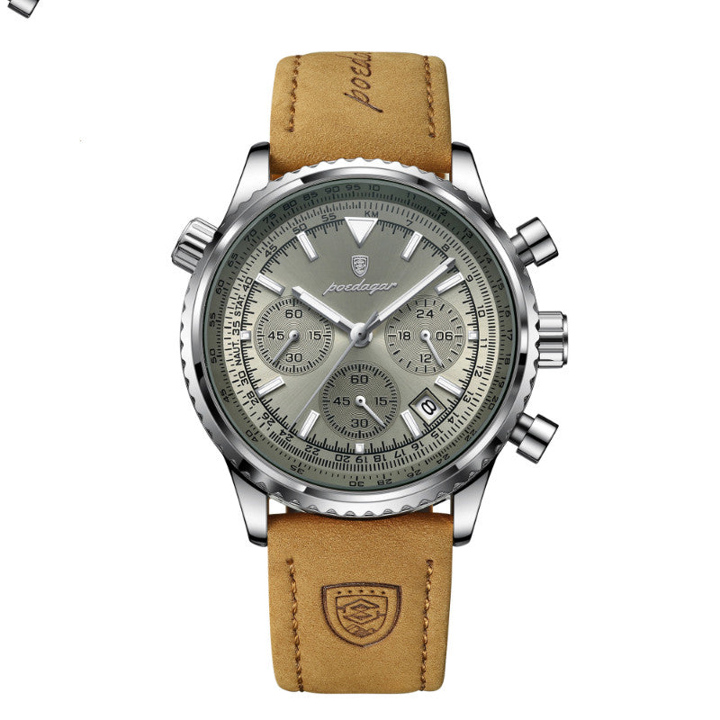Quartz Wristwatch Waterproof Watch Mens Silver case gray dial leather