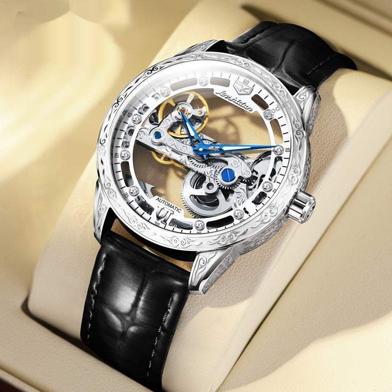 Openwork Mechanical Watch With Waterproof Leather Strap Black Book White flour