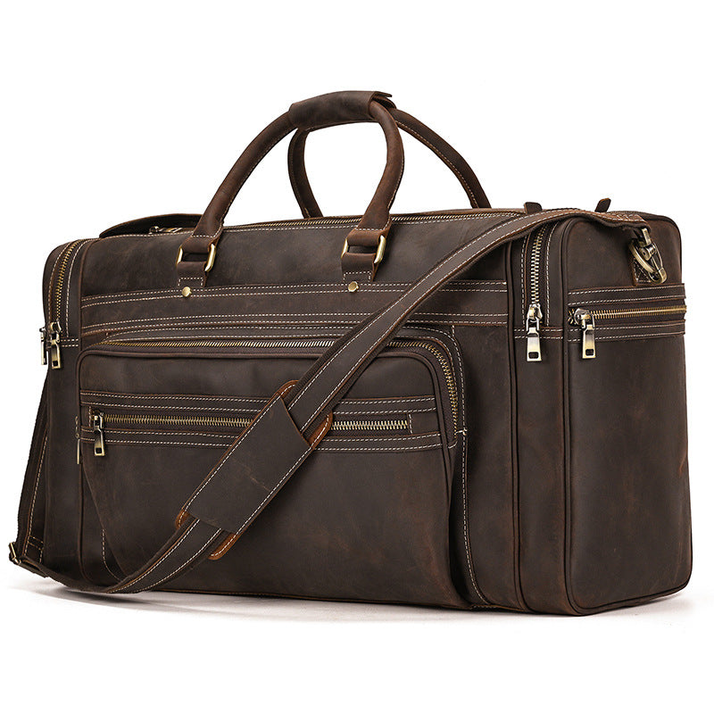 Large Capacity Retro Crazy Horse Leather Travel Bag Dark Brown 24 Inch