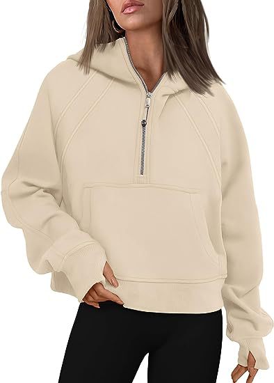 Zipper Hoodie Sweatshirt With Pocket Beige