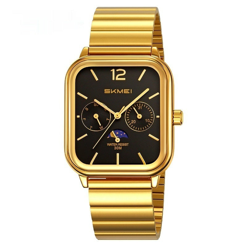 Stylish Multifunctional Square Watch Gold Shell Black Surface