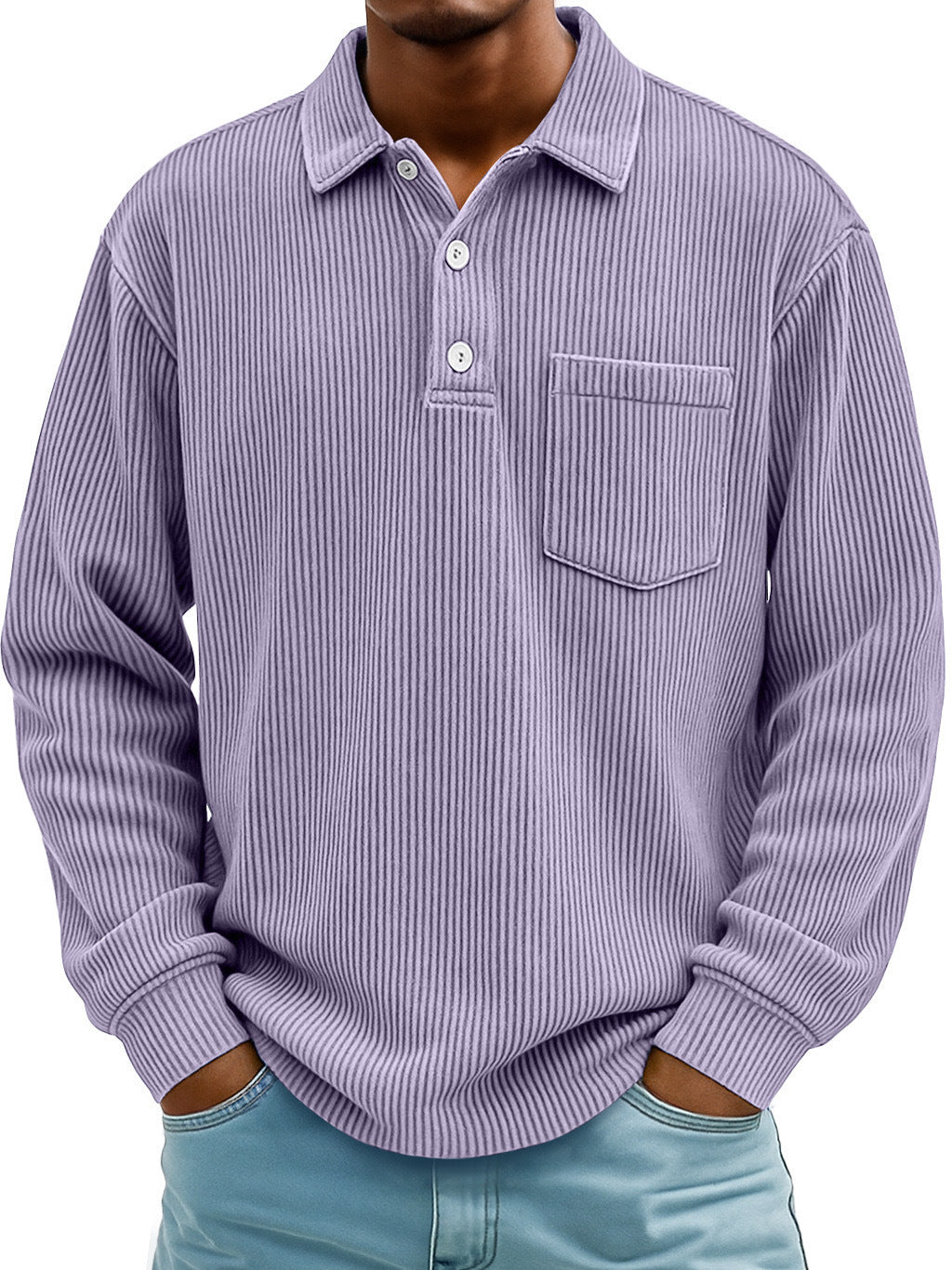 Polo Shirt Casual Corduroy-Striped Light Purple