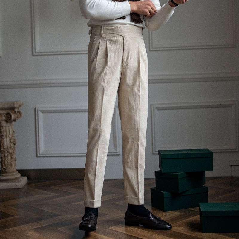 Corduroy Straight High Waist Casual Pants Men Beige