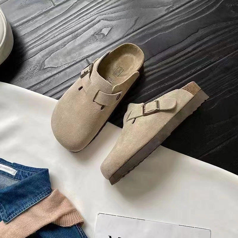 Leather French Retro Closed Toe Half Slippers Sand gray