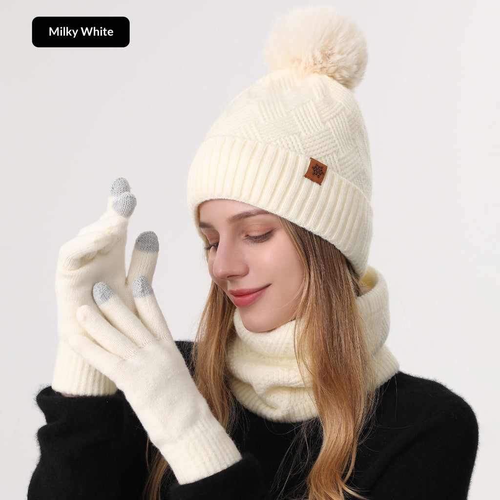Ladies' Knitted Outdoor Warm Knitted Hat Scarf And Gloves Three-Piece Set Milky White