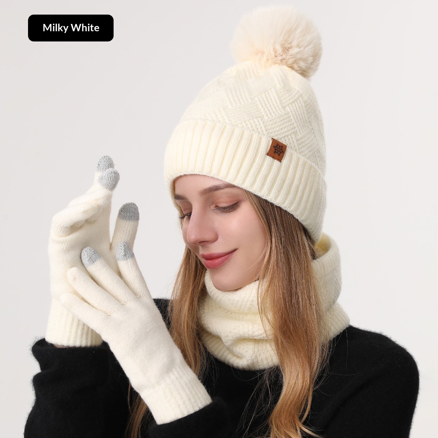 Ladies' Knitted Outdoor Warm Knitted Hat Scarf And Gloves Three-Piece Set Milky White