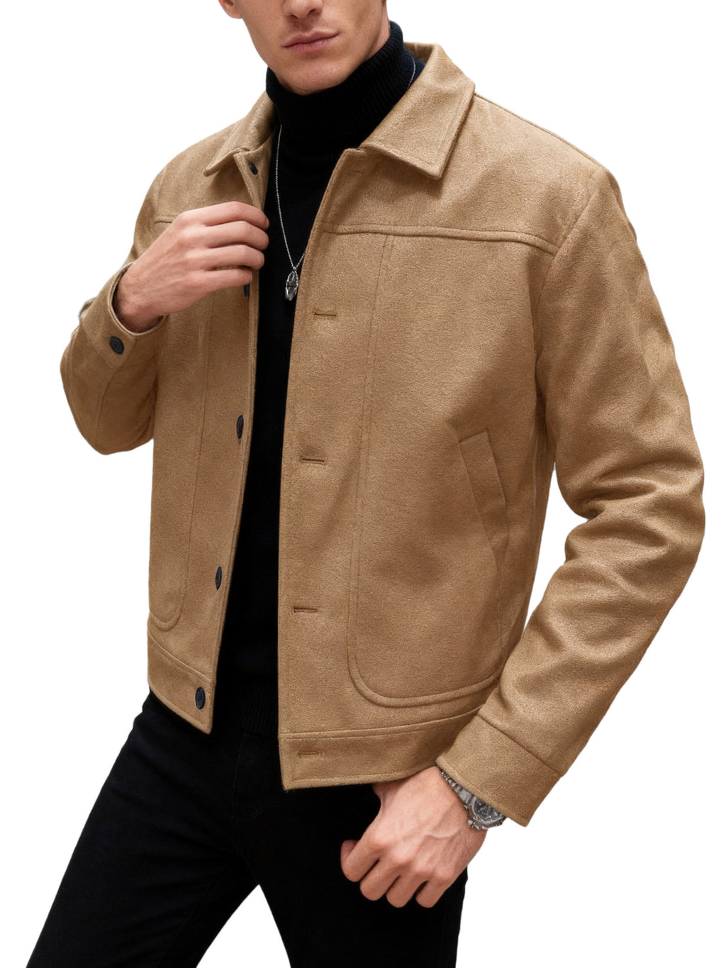 Solid-color Single-breasted Lapel Wool Casual Jacket Khaki