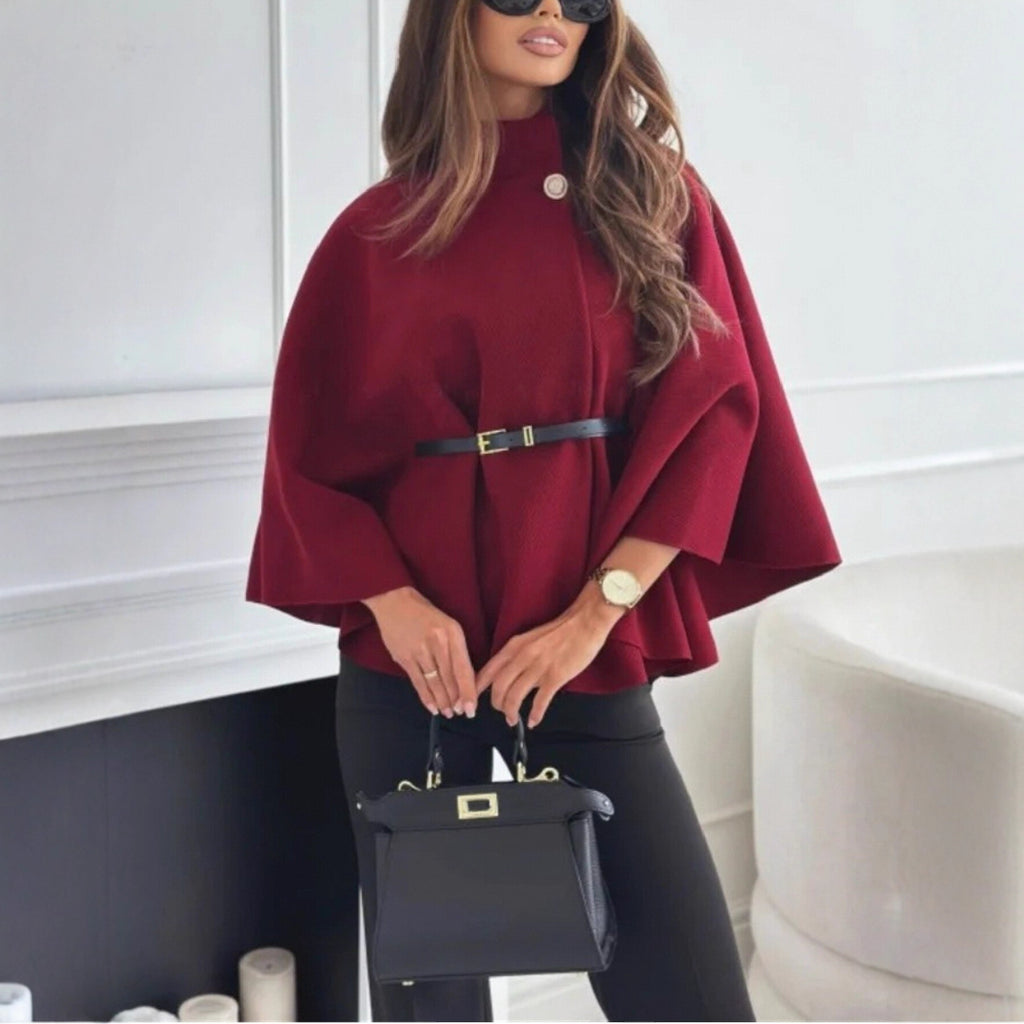 Stand Collar Batwing Sleeves Cloak Top With Belt Wine Red XS