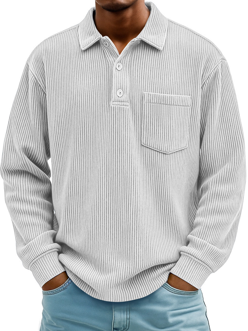 Polo Shirt Casual Corduroy-Striped White