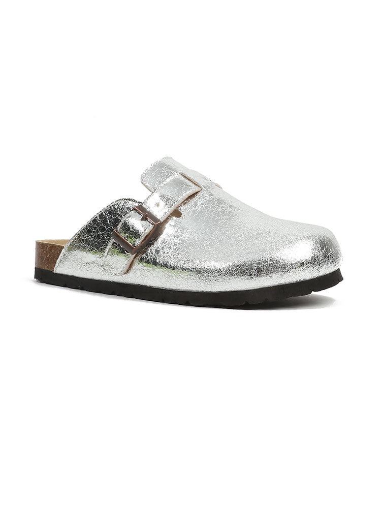 Leather French Retro Closed Toe Half Slippers Silver
