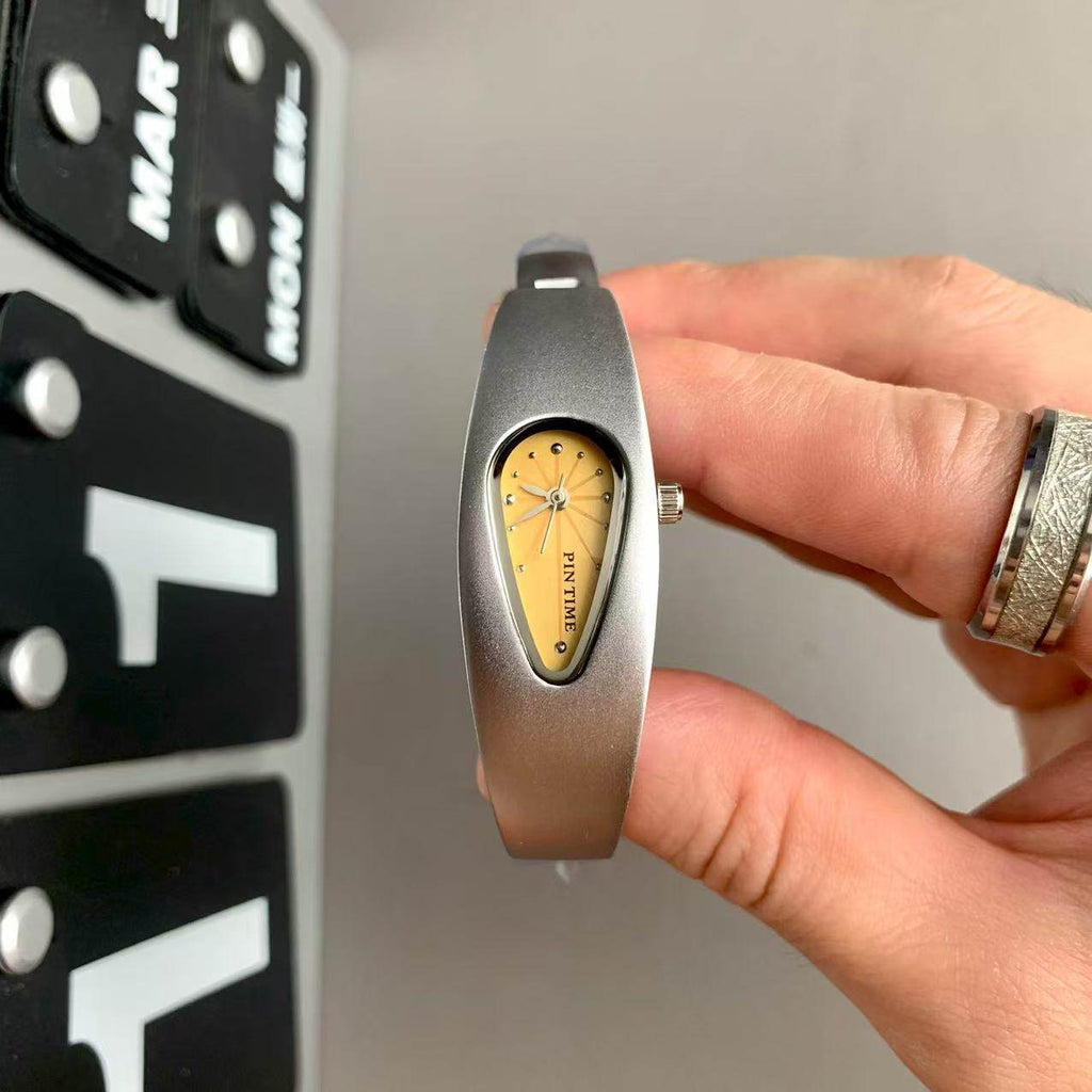 Retro Niche-design Irregular-Shaped Waterdrop Watch Silver Yellow Matte