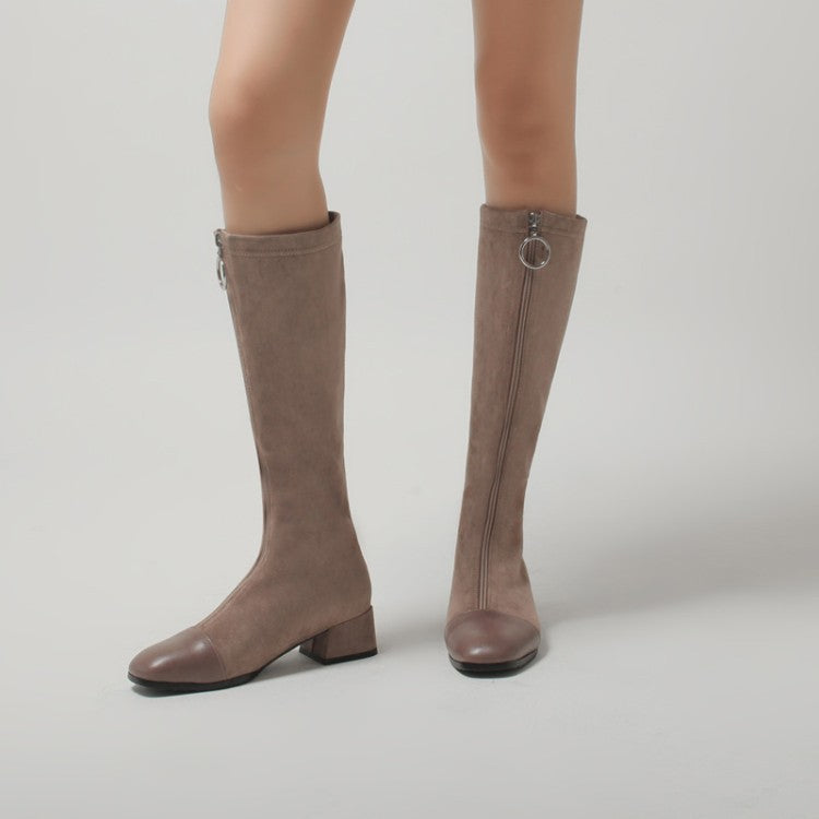 Square Heel Korean Zipper High Boots Khaki