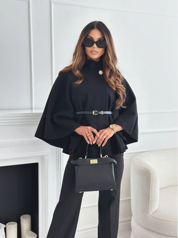 Stand Collar Batwing Sleeves Cloak Top With Belt Black