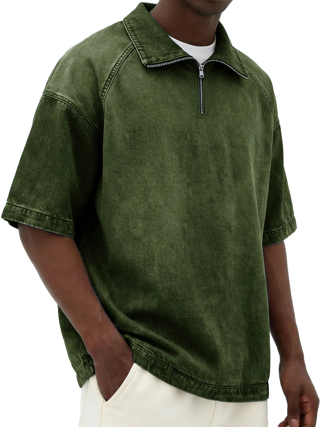 Short-sleeve Lapel Zip-up Shirt Dark Green