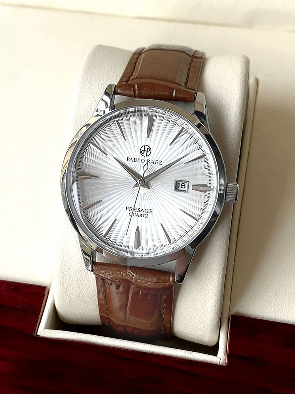 Mens Multifunctional Waterproof Automatic Quartz Business Watch Silver Shell Brown White