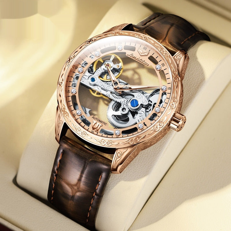 Openwork Mechanical Watch With Waterproof Leather Strap