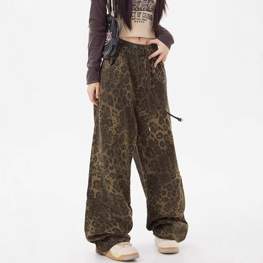 Leopard Print Elastic Waist Loose Wide Leg Pants