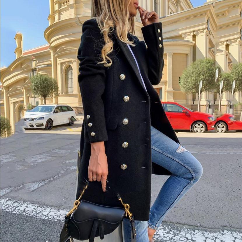 Woolen Lapel Jacket With Double-breasted Black