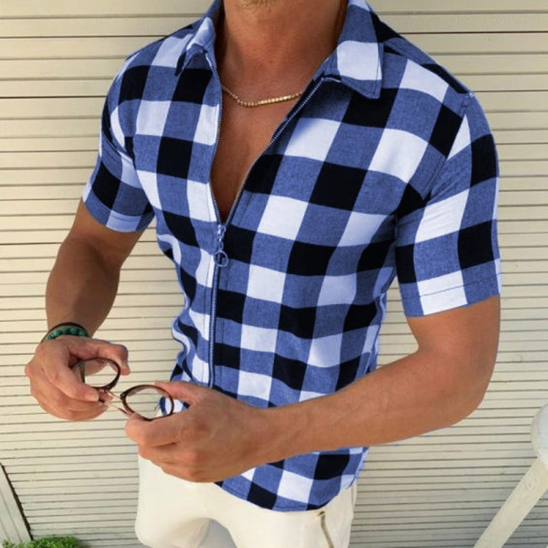 Plaid Zipper Short Sleeve Shirt Blue
