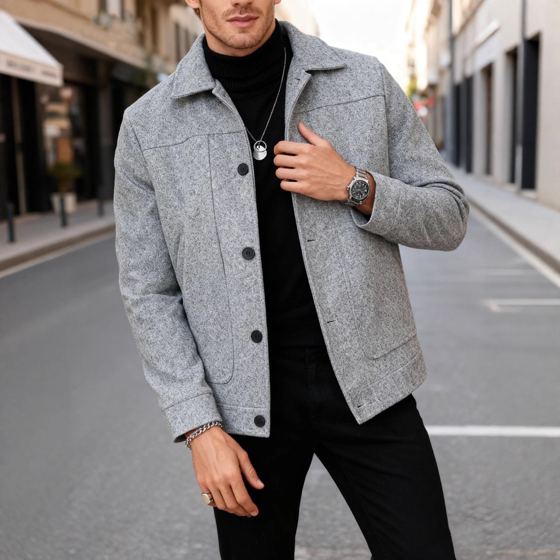 Solid-color Single-breasted Lapel Wool Casual Jacket