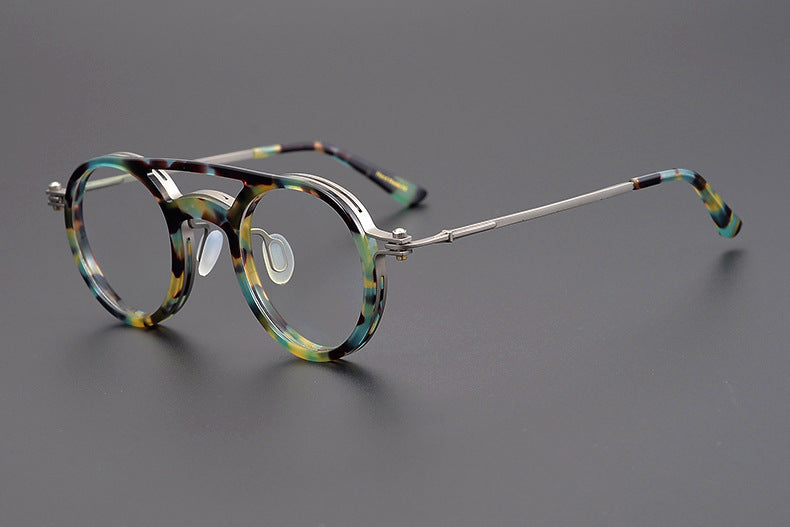 Personalized Couple Style Handmade Art Round Myopia Glasses Full Frame Plate Tide Amber green