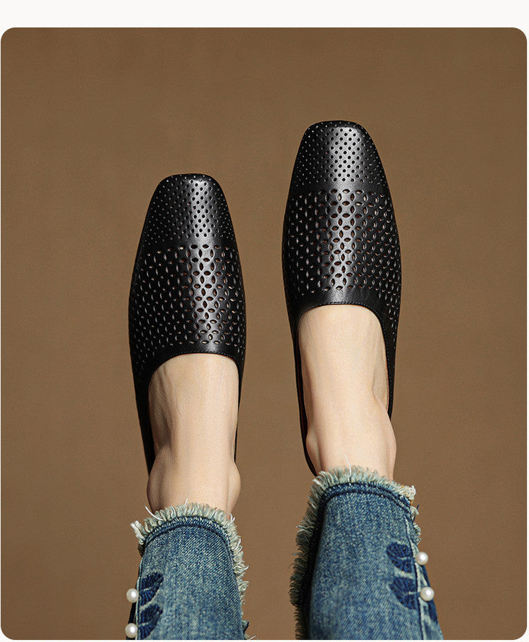Full-Grain Leather Closed-Toe Half Slippers Black