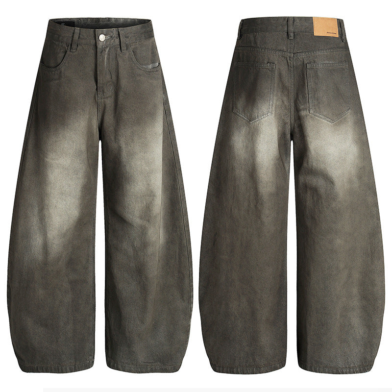 Retro Washed-Effect Cropped Wide-Leg Casual Pants For Men Brown