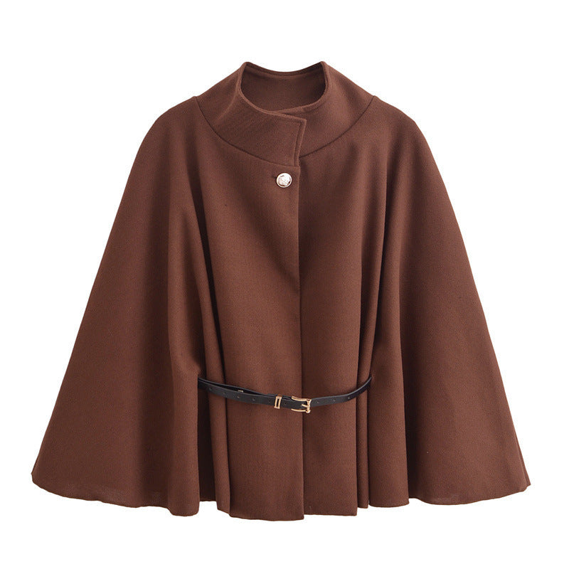 Stand Collar Batwing Sleeves Cloak Top With Belt