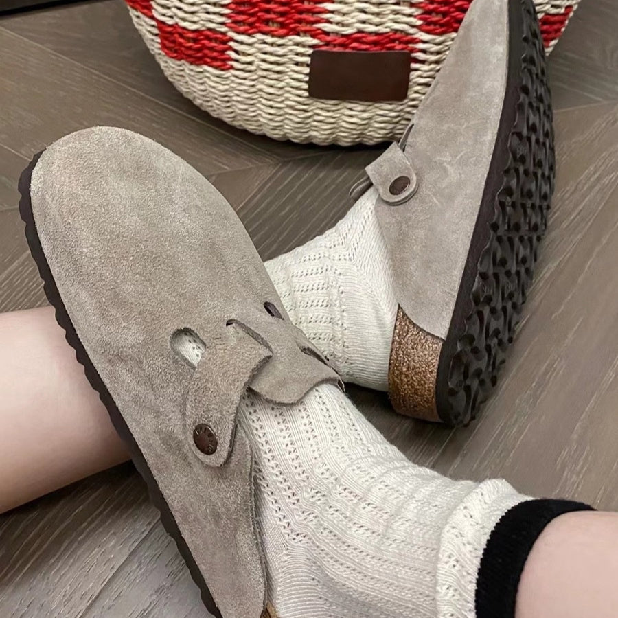 Leather French Retro Closed Toe Half Slippers Gray
