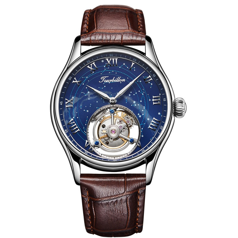 Star Tourbillon Mechanical Watch Brown Silver
