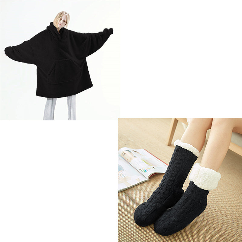 Hoodie Sweatshirt With Big Pocket Wearable Blanket Black Black2 One size