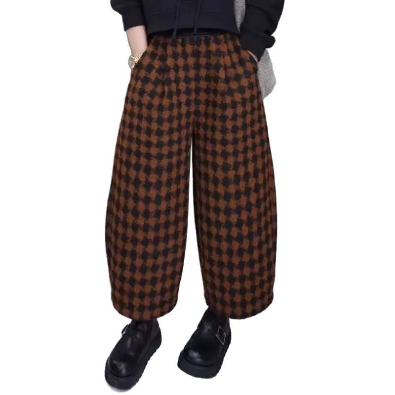 Plaid Casual Wide-leg Pants Orange Grid