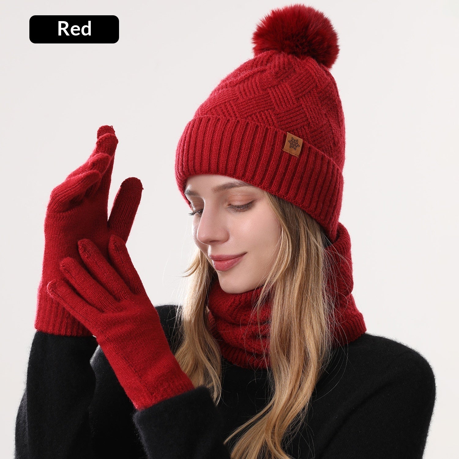 Ladies' Knitted Outdoor Warm Knitted Hat Scarf And Gloves Three-Piece Set Red