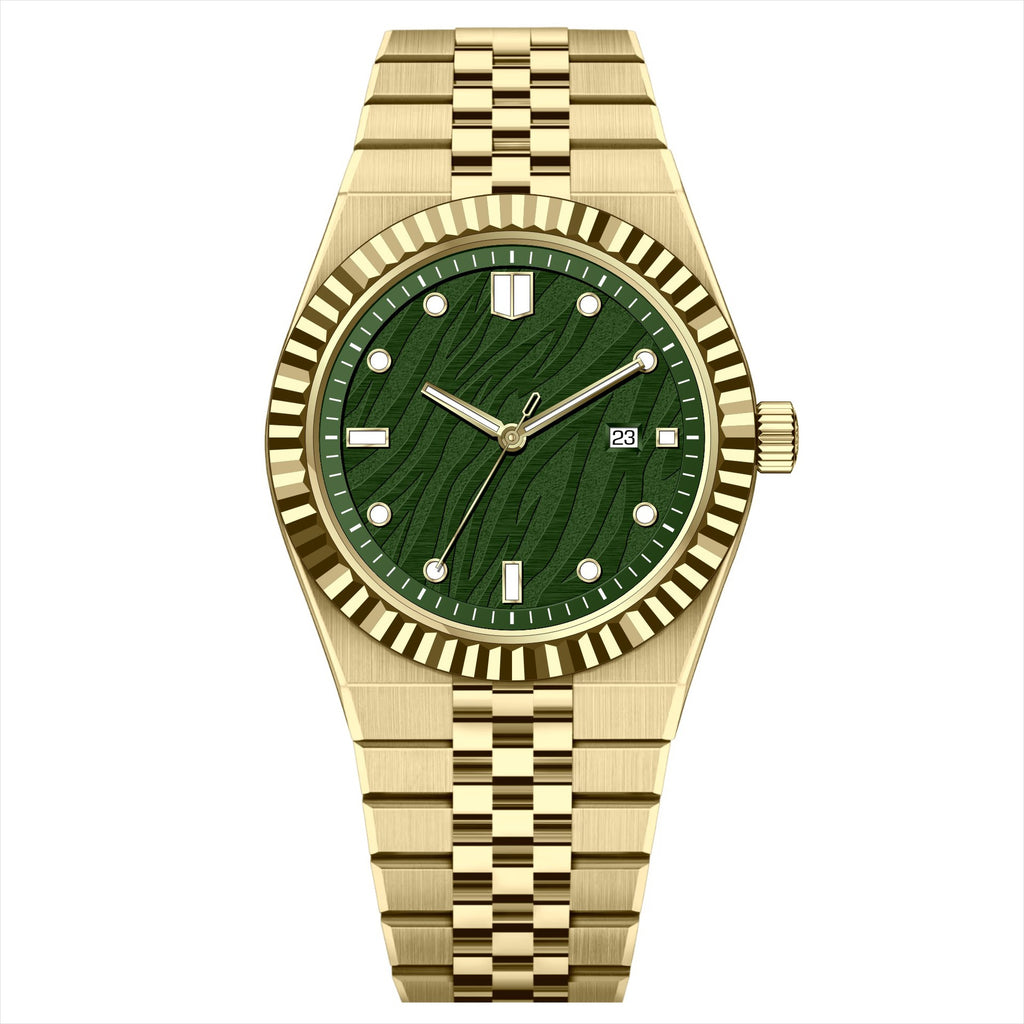 High-End Business Steel-Strap Quartz Watch Golden Green Surface