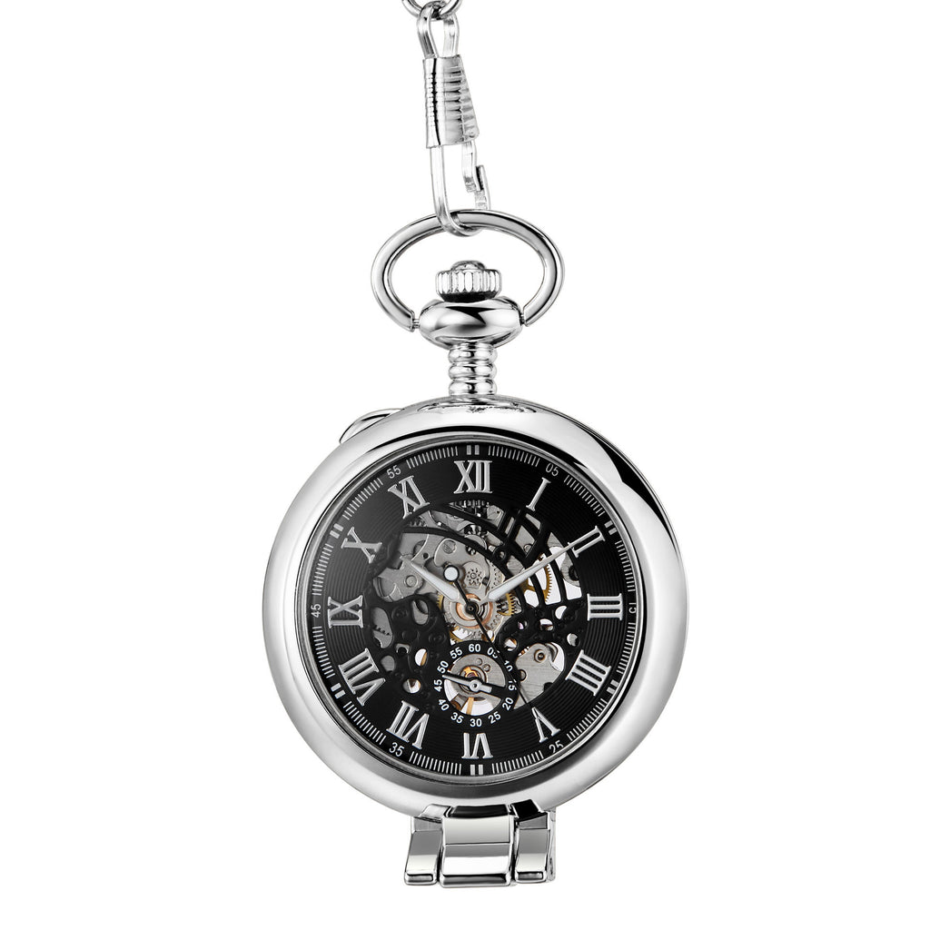 Hollowed-out Magnifying-glass Flip Mechanical Pocket Watch Silver