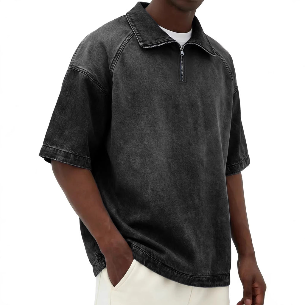 Short-sleeve Lapel Zip-up Shirt Black