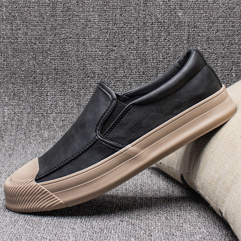 Mens Casual Leather Rubber Shoes Black khaki