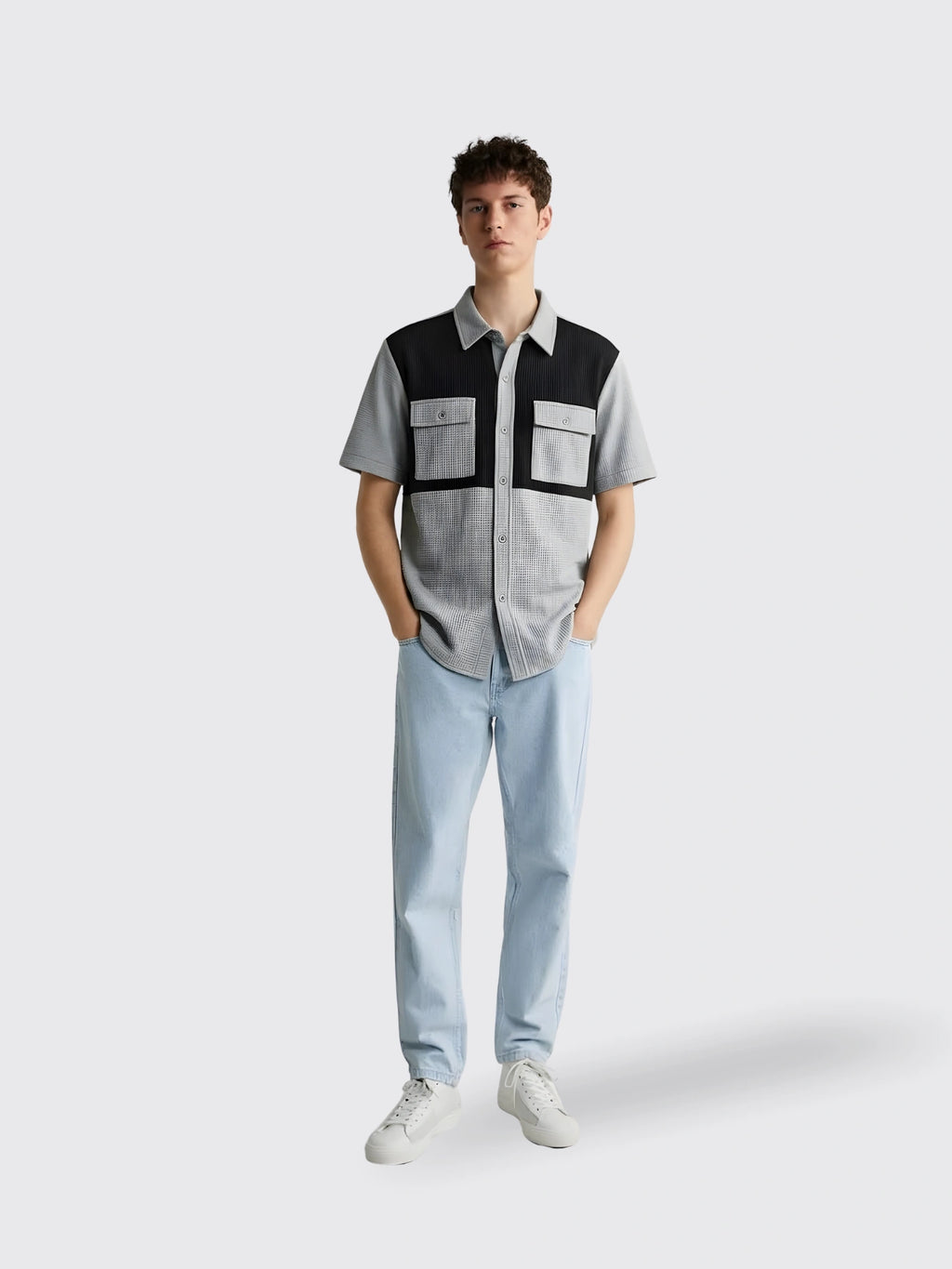 Waffle-Weave Lapel Casual Shirt