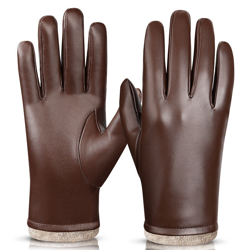 Mens Business-Style Wind- And Water-Resistant Leather Gloves Brown