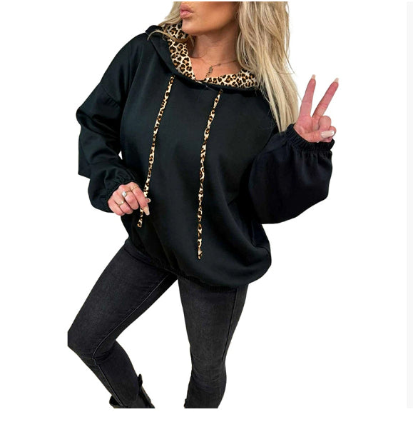Leopard-print Patchwork Hooded Long-sleeve Sweatshirt Black L