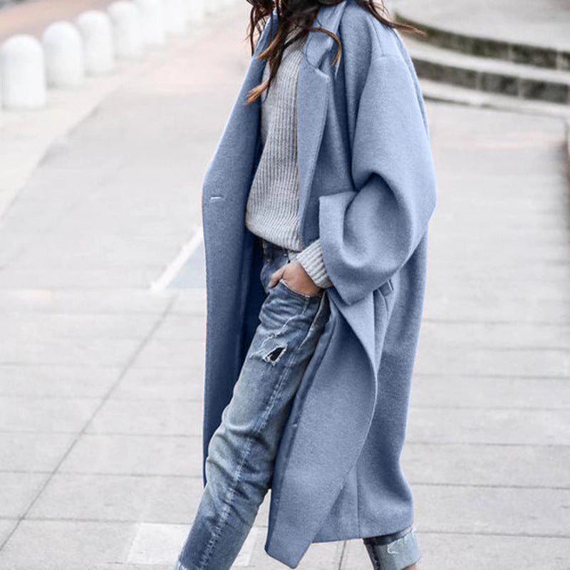 Casual Long Jacket With Pockets Light Blue