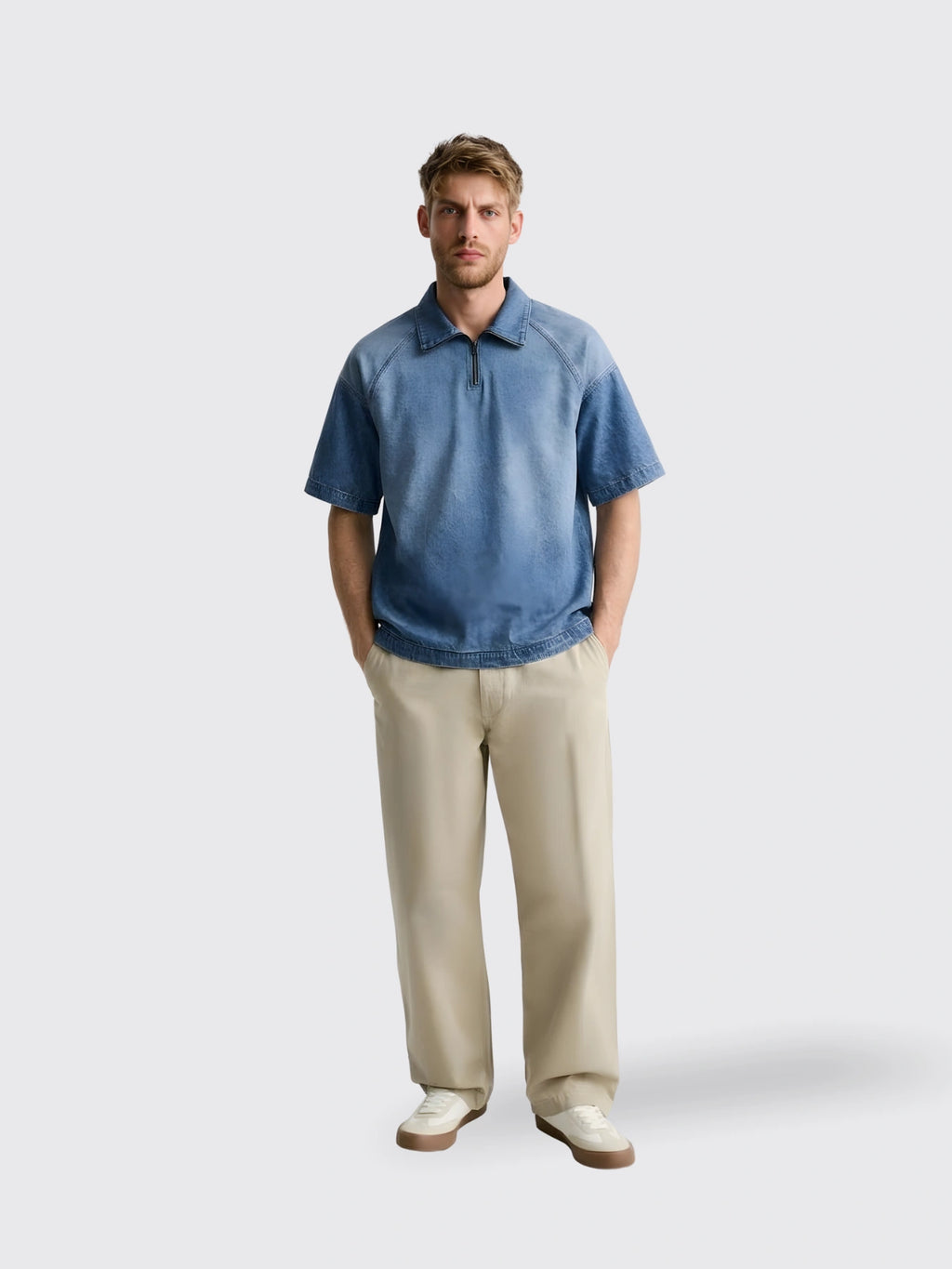Short-sleeve Lapel Zip-up Shirt