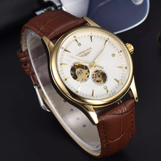 Genuine Leather Waterproof Watch With A Fully Automatic Mechanical Movement Gold case white dial