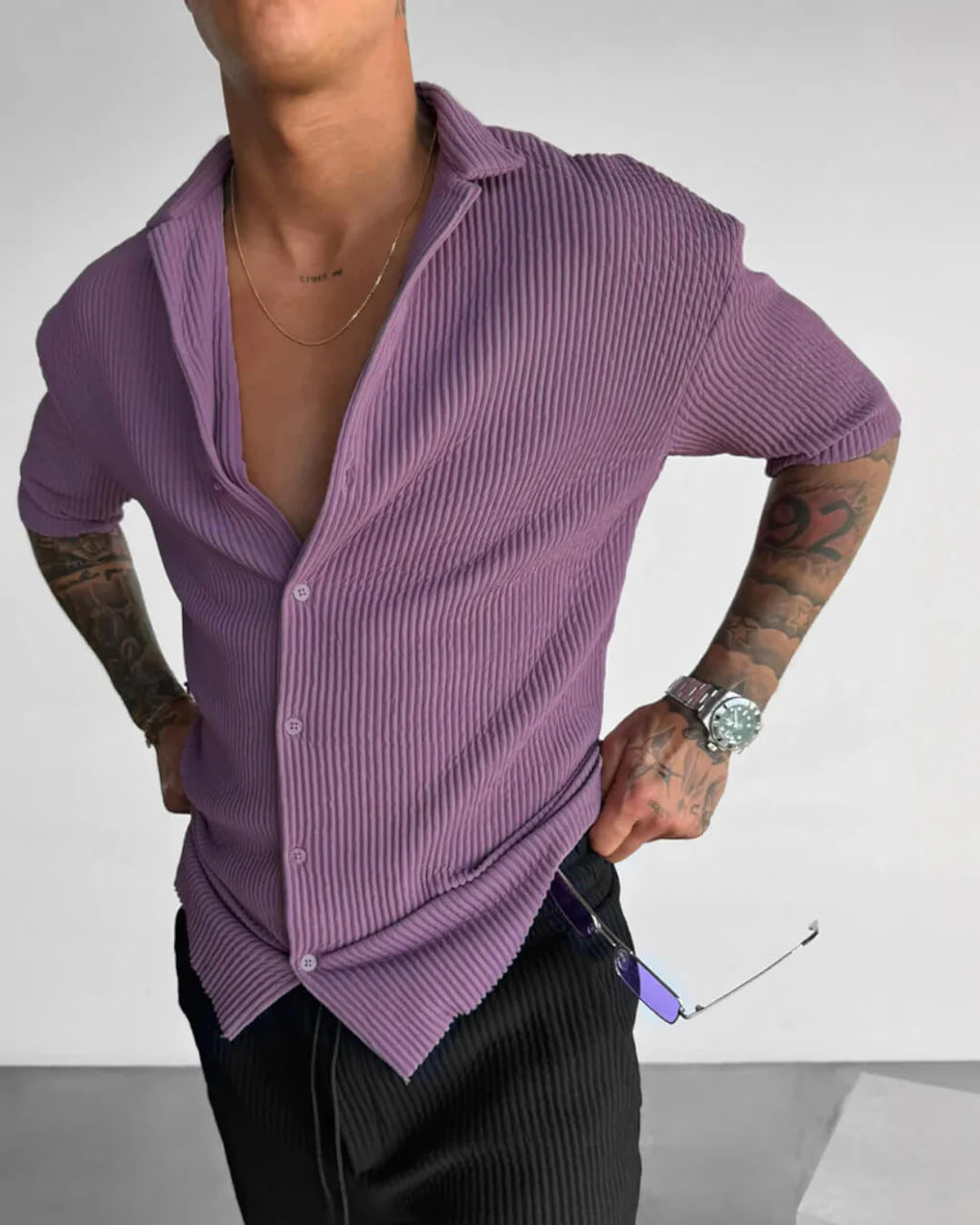 Solid-Color Casual Cardigan Shirt Dark Violet