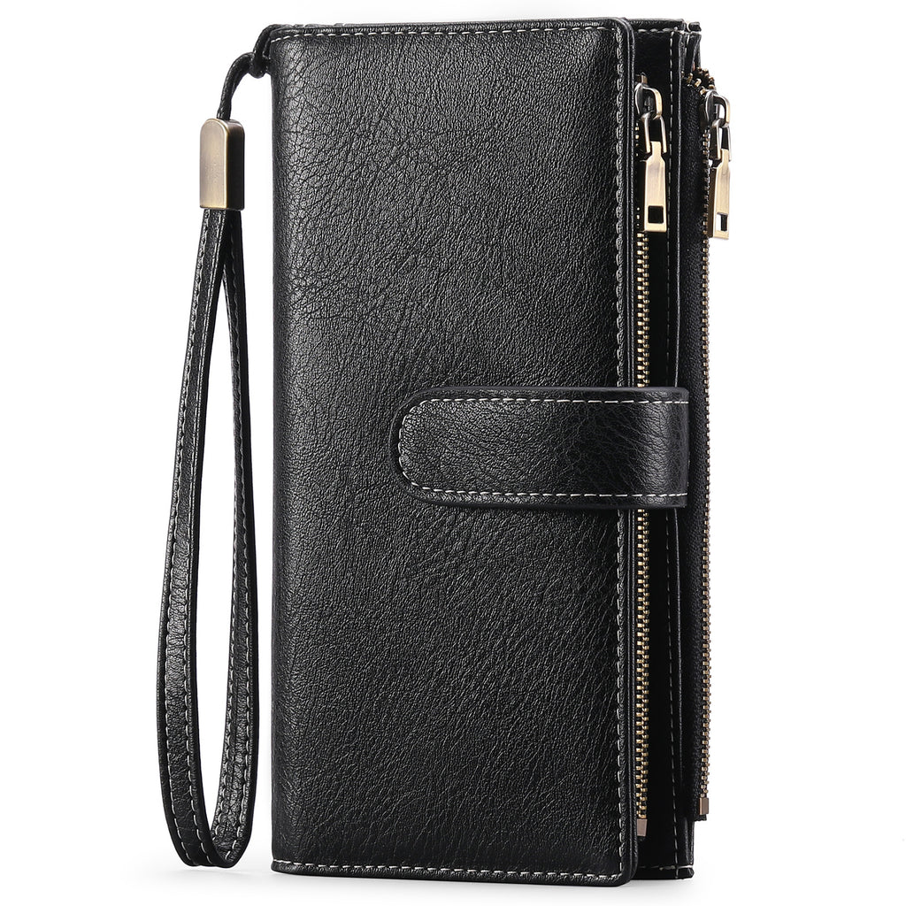 Womens Long Wallet Multi-functional Vintage Tri-fold Purse Midnight Black