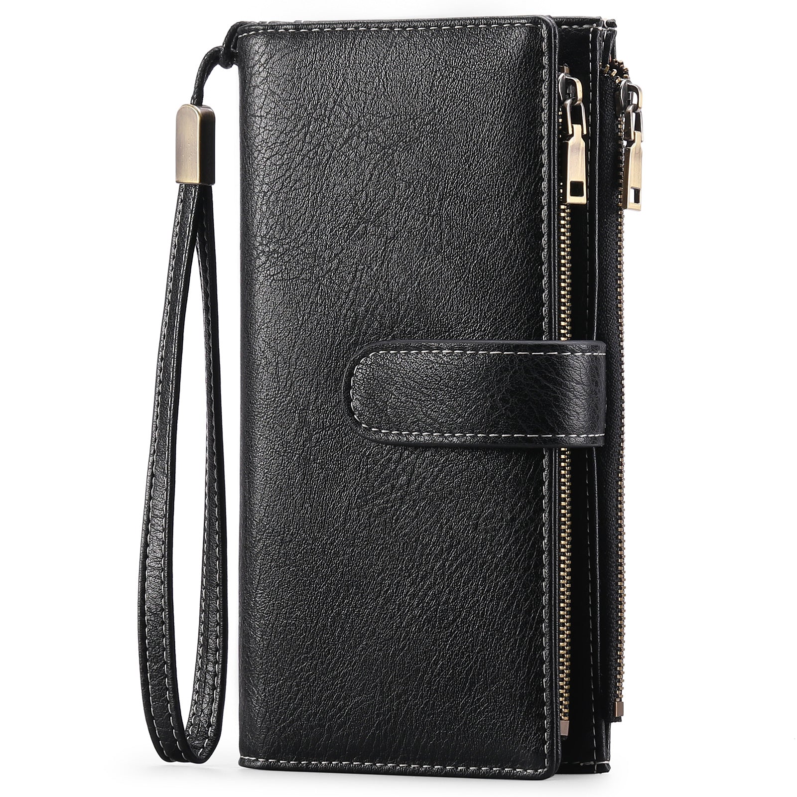Womens Long Wallet Multi-functional Vintage Tri-fold Purse Midnight Black