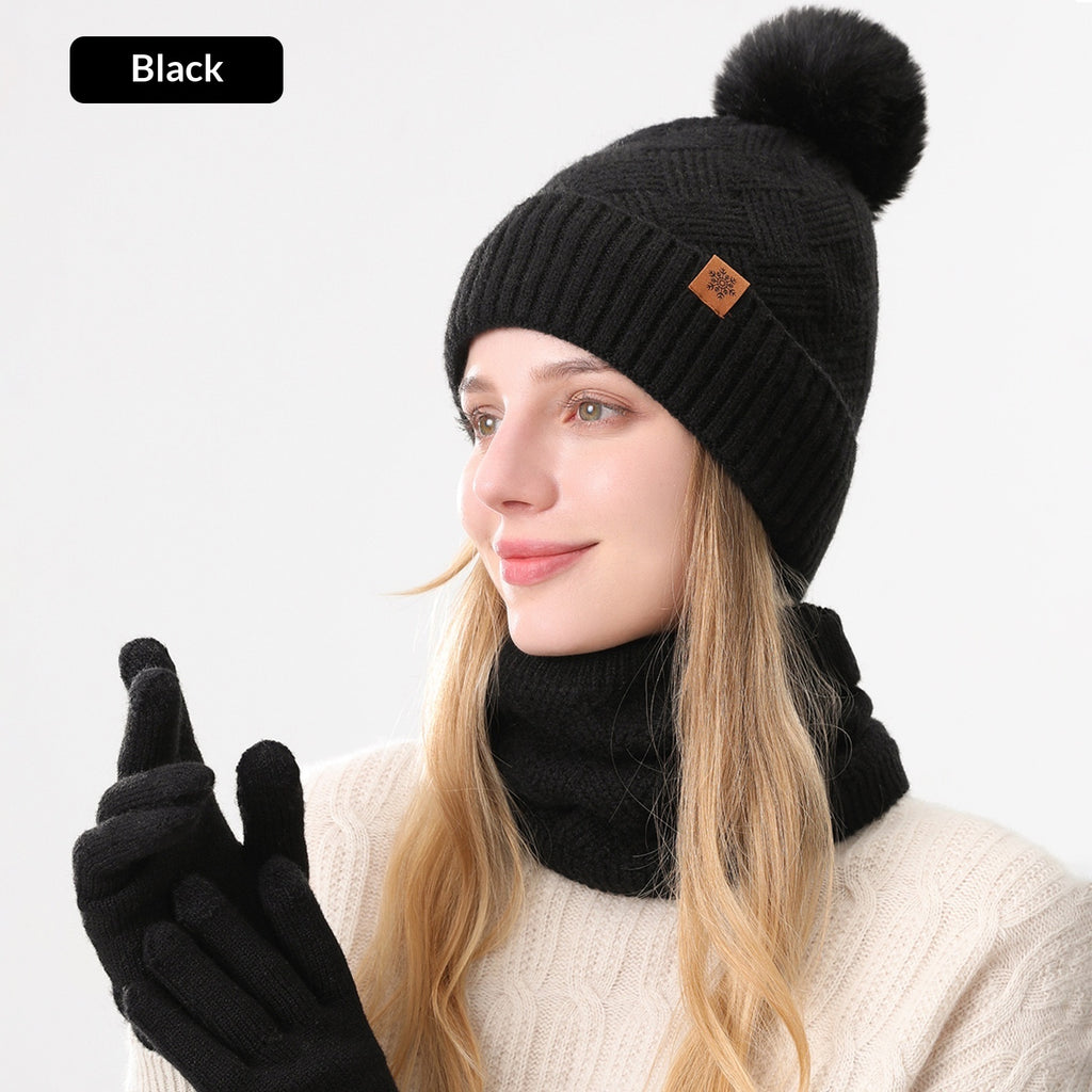 Ladies' Knitted Outdoor Warm Knitted Hat Scarf And Gloves Three-Piece Set Black