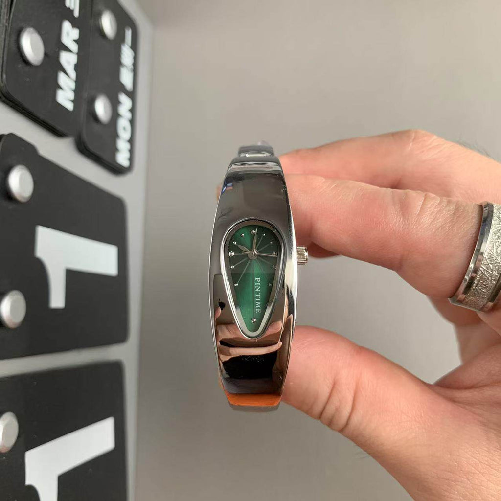 Retro Niche-design Irregular-Shaped Waterdrop Watch Silver Green Glossy