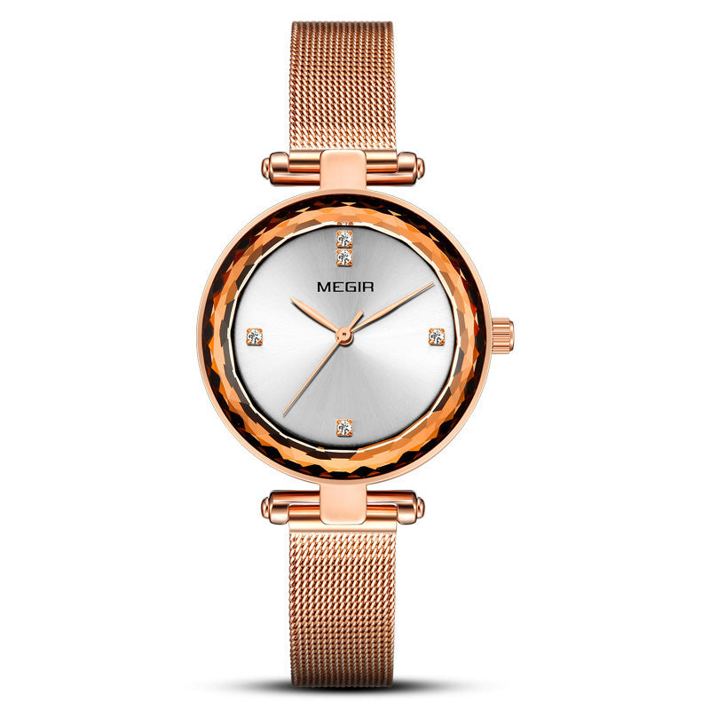 Stylish Cut-mirror Quartz Womens Watch With A Steel Band And Diamond Accents White Noodles